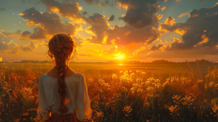 Wall Mural - A woman stands in a field of red flowers, looking out at the sunset. The scene is serene and peaceful, with the woman's long hair blowing in the wind. The sun is setting in the distance