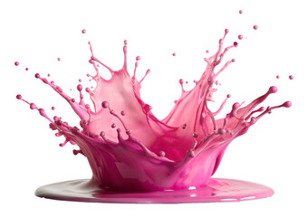 A vibrant splash of pink liquid creates an artistic pattern on a surface, showcasing dynamic motion and color contrast, transparent