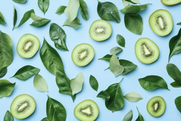 Wall Mural - Fresh kiwi slices green leaves on blue background