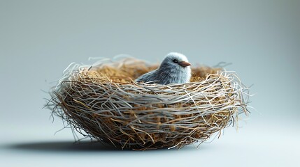 Wall Mural - A small, white bird sits in a woven nest made of twigs and straw on a white background.