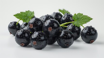 Wall Mural - Fresh black currants with green leaves on a white background.