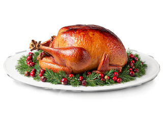 Wall Mural - Christmas Day chestnut stuffing and cranberry glazed ham served on a transparent glass platter festive