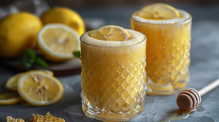 healthy fresh organic honey lemon lime lemonade smoothies cocktail drink beverage in glasses, diet f