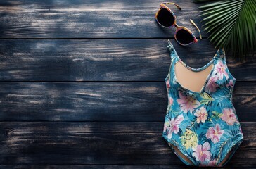 Wall Mural - Summer Fashion Flatlay with Swimsuit, Sunglasses, and Palm Leaf