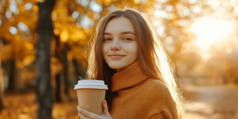 Wall Mural - Handsome beautiful girl model in the fall season autumn landscape sunny day, trees and leaves background, with hot paper glass of coffee in her hands