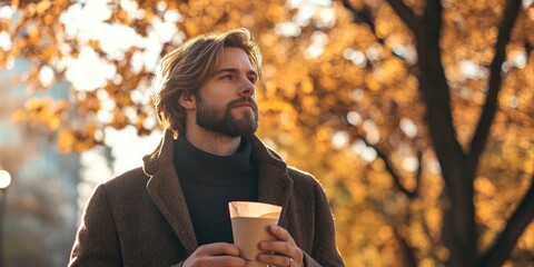 Wall Mural - Handsome male model in the fall season autumn landscape sunny day, trees and leaves background, holding hot paper glass with coffee