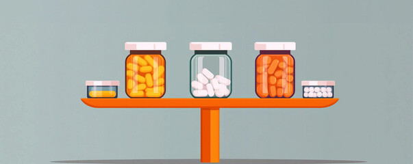 Colorful jars filled with various medications and supplements balanced on a wooden shelf, showcasing health and wellness.