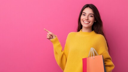 Young woman with shopping bag over isolated pink background pointing to the side to present a product.generative ai