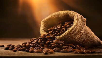 A close-up of the coffee beans in the sack shows the dark brown color and texture of the roasted beans. Focusing on the aroma and characteristics of caffeine.