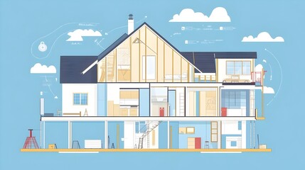 Poster - detailed infographic blueprint illustrating the construction of a house s structural framework inclu