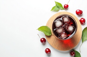 Poster - Cherry Juice with Ice on Wooden Coaster