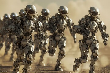 A collection of robots walking in unison on a city street, emphasizing their technological sophistication and unity, A group of bio-engineered soldiers with enhanced strength and agility, AI generated