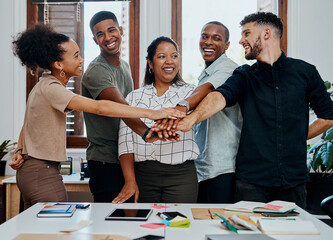 Fototapete - Business people, smile and hands stack at startup for solidarity, support or teamwork at company. Group, men and women for diversity, connection or scrum for graphic design project at creative agency