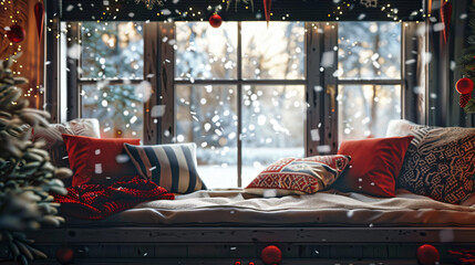 Aufkleber - Cozy window seat with pillows and blankets, offering a view of a snowy christmas landscape