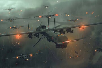 A formation of military aircraft soaring through the sky, showcasing precision and teamwork in aerial maneuvers, A group of reconnaissance drones gathering intelligence behind enemy lines, 