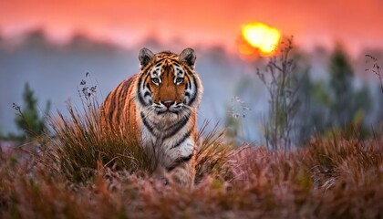 Wall Mural - Male Siberian tiger in the bush in the red sunrise