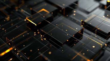 Poster - abstract black and gold geometric pattern design with floating cubes and particles in an artistic co