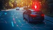 © RM Graphics - GPS tracking pulsing signal. A vehicle transmitting gps signal. Searching car location