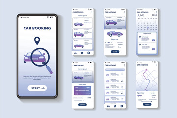 Aufkleber - Car booking app concept in flat design. A collection of mobile app UI screenshots showing a car booking system with features like vehicle selection, user ratings and other. Vector Illustration.