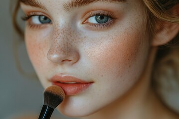 Close-up of a woman's face with freckles and a makeup brush on her lips