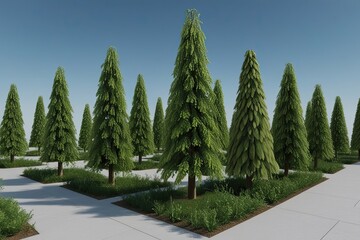 Wall Mural - 3D Visualization of Betula Pendula Trees Aerial View of Decorative Green Foliage