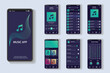 © Andrey - Music app concept in flat design. This image shows the music app's user interface with multiple screens displaying features such as songs, playlists, and settings. Vector Illustration.