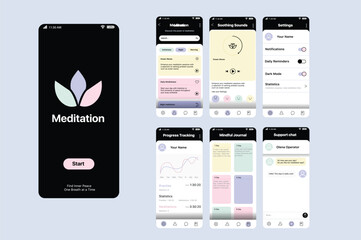 Meditation app concept in flat design. This image shows the interface of a meditation app that includes features such as soothing sounds, progress tracking, a mindfulness journal. Vector Illustration.