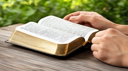 Soft light highlights a woman's hands as she reads an open Bible in a church, creating a serene atmosphere during a Christian celebration focused on spirituality.