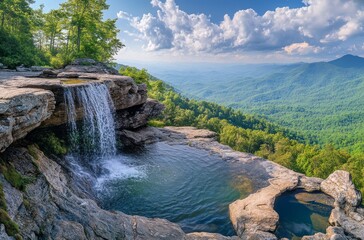 A broad panoramic summer view of Versionery, showcasing flat rocks with waterfalls and the Great Smoky Mountains rising in the background