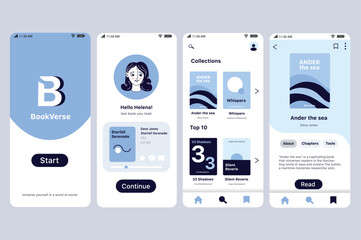 Aufkleber - Book app concept in flat design. BookVerse's app interface highlights features like last book read, collections, top ten books, and a detailed book page to engage users. Vector Illustration.