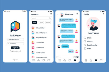 Poster - Chat app concept in flat design. This image shows the TalkWave mobile app with user interface design including login page, contact list, chat interface and user profile. Vector Illustration.