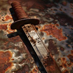 Rusty dagger on a rusty metallic background.