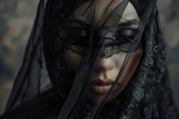 A woman wearing a black veil, her face shrouded, evoking a sense of intrigue and sophistication. A mysterious lady model with a veil covering her face, AI generated