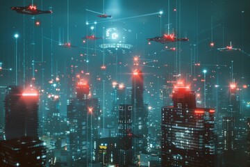 Poster - A vibrant futuristic cityscape illuminated by numerous lights, prominently featuring striking red lights throughout the scene., AI generated