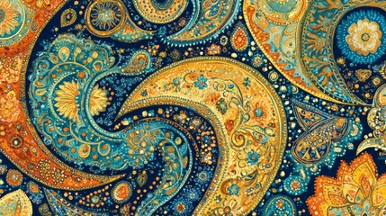 An intricate Indian paisley pattern with bold colors like deep blue, saffron, and emerald green. The paisley shapes are adorned with detailed floral and leaf motifs, arranged symmetrically across the