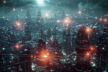 Poster - A dazzling futuristic city filled with bright lights, showcasing an array of red lights that enhance its modern aesthetic, A network of AI-controlled defense systems protecting a city from attack