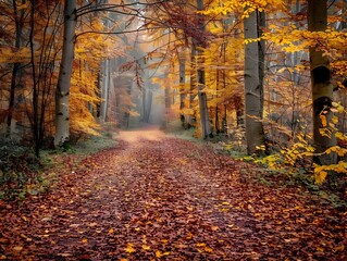 Wall Mural - Autumn Pathway Leading Through Vibrant Forest Landscape