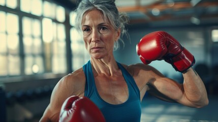 Wall Mural - A woman in a red boxing glove is standing in a boxing ring