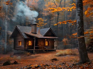 Poster - Cozy Autumn Cabin in the Woods with Colorful Leaves and Chimney Smoke Curl