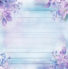 Wall Mural - Pastel watercolor floral background with soft purple and blue flowers, wooden texture
