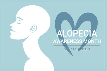 Wall Mural - Alopecia Areata awareness month banner with beautiful bald head woman. Vector illustration