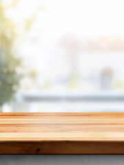 Empty wooden table top with a blurred living room interior background for product display, presentation, or design of a coffee shop, home, and kitchen show concept.