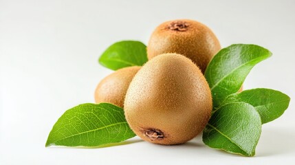 Wall Mural - A vibrant kiwi fruit with green leaves isolated on a white background. Food photography, healthy eating, fruit.