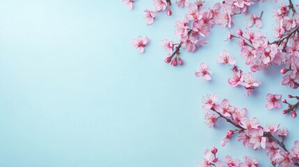 Wall Mural - Pink cherry blossoms on light blue background, spring floral arrangement
