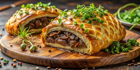 Wall Mural - Dramatic, low-angle shot of a beautifully presented Mushroom Wellington, with a sprinkle of microgreens and a side of crispy, golden brown breadsticks.