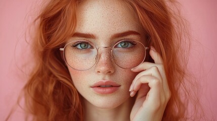 Canvas Print - A woman with red hair and glasses is posing for a picture