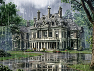 Wall Mural - A large house with a large front porch and a large yard. The sky is cloudy and it is raining