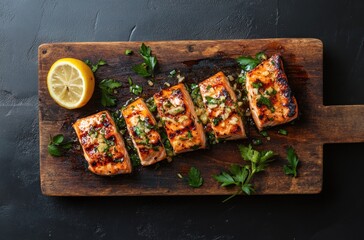 Poster - Grilled Salmon on Wooden Cutting Board