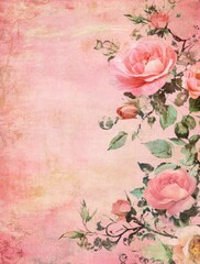 Wall Mural - Vintage Pink Floral Background with Roses and Greenery on Textured Canvas.
