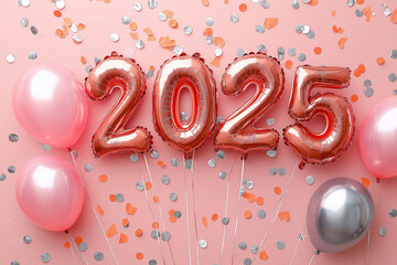 Wall Mural - party decorations with 2025 rose gold balloons and pink accents for new year's celebration